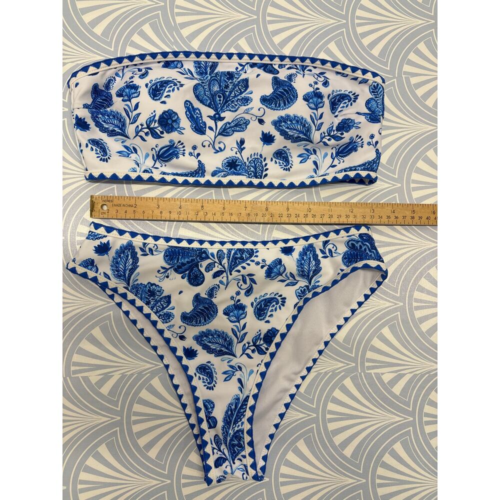 New Blue floral leaves high waisted women bikini two pieces swimsuit & skirt M - Picture 6 of 9